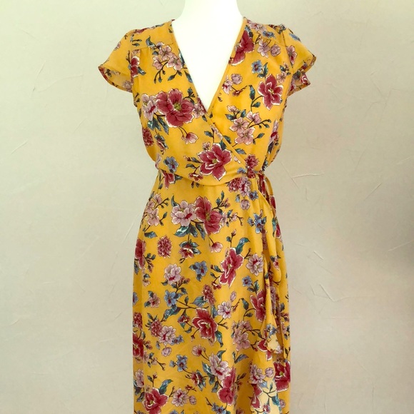 Mustard Yellow Floral Faux Wrap Dress! - Picture 1 of 4